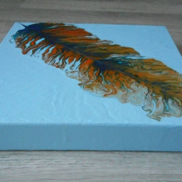 Acrylic Flow Painting, Golden Feather on Canvas - Picture 6 of 8